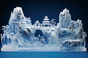中国风冰雕雕塑仙境渲染图