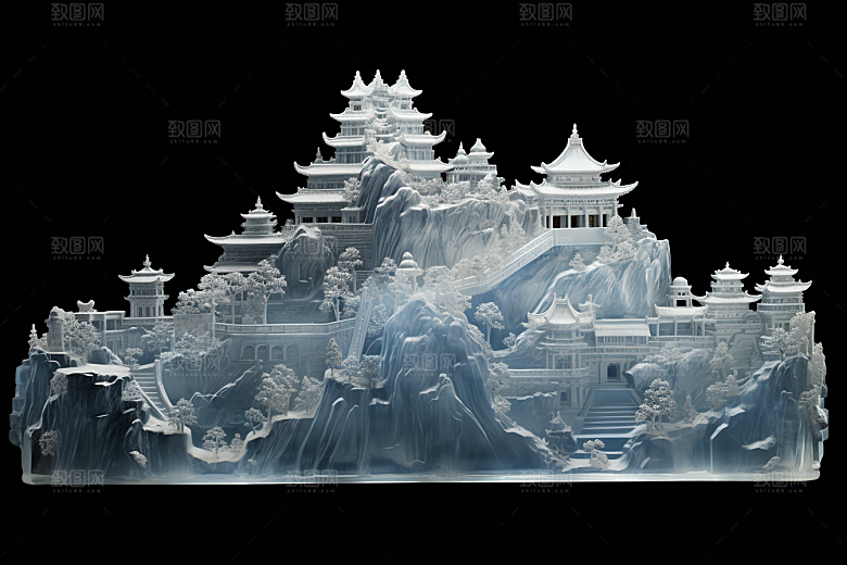 中国风冰雕透明仙境渲染图