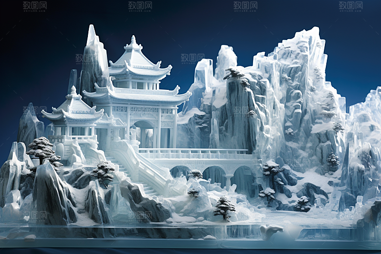 中国风冰雕仙境天宫渲染图