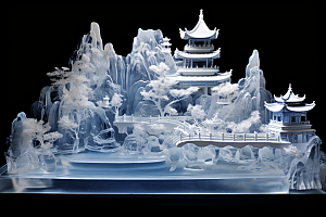 中国风冰雕模型山水楼阁渲染图