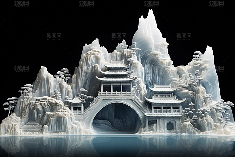 中国风冰雕模型晶莹剔透渲染图