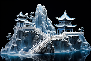 中国风冰雕冰雪艺术模型渲染图