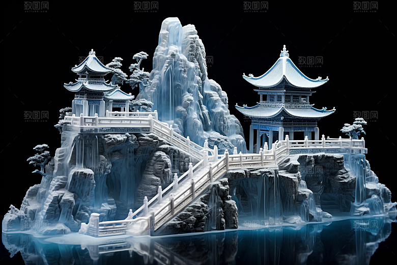 中国风冰雕冰雪艺术模型渲染图