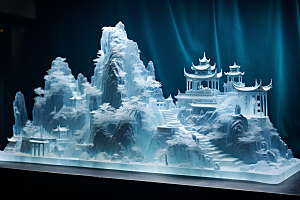 中国风冰雕晶莹剔透透明渲染图
