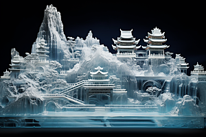 中国风冰雕仙境透明渲染图