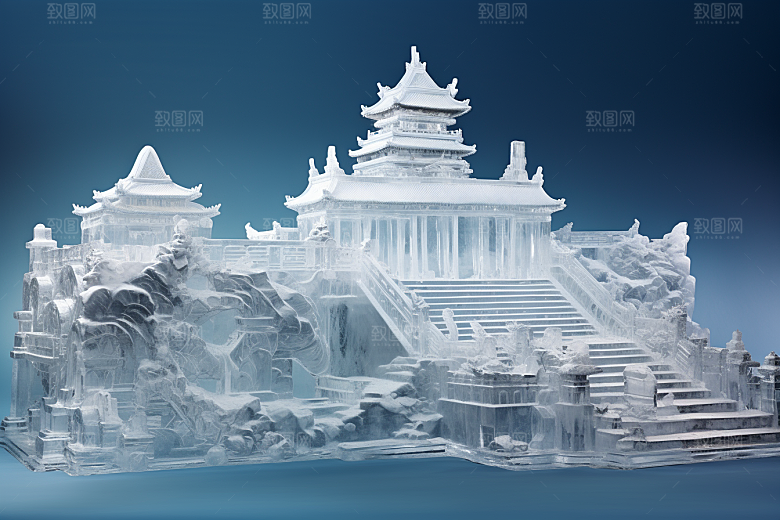 中国风冰雕唯美模型渲染图