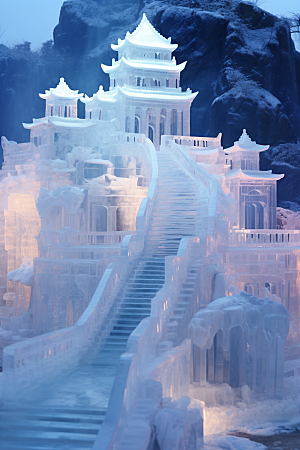 中国风冰雕模型冰雪艺术渲染图