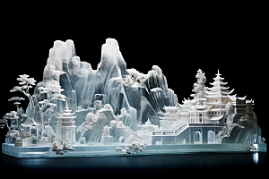 中国风冰雕山水楼阁仙境渲染图