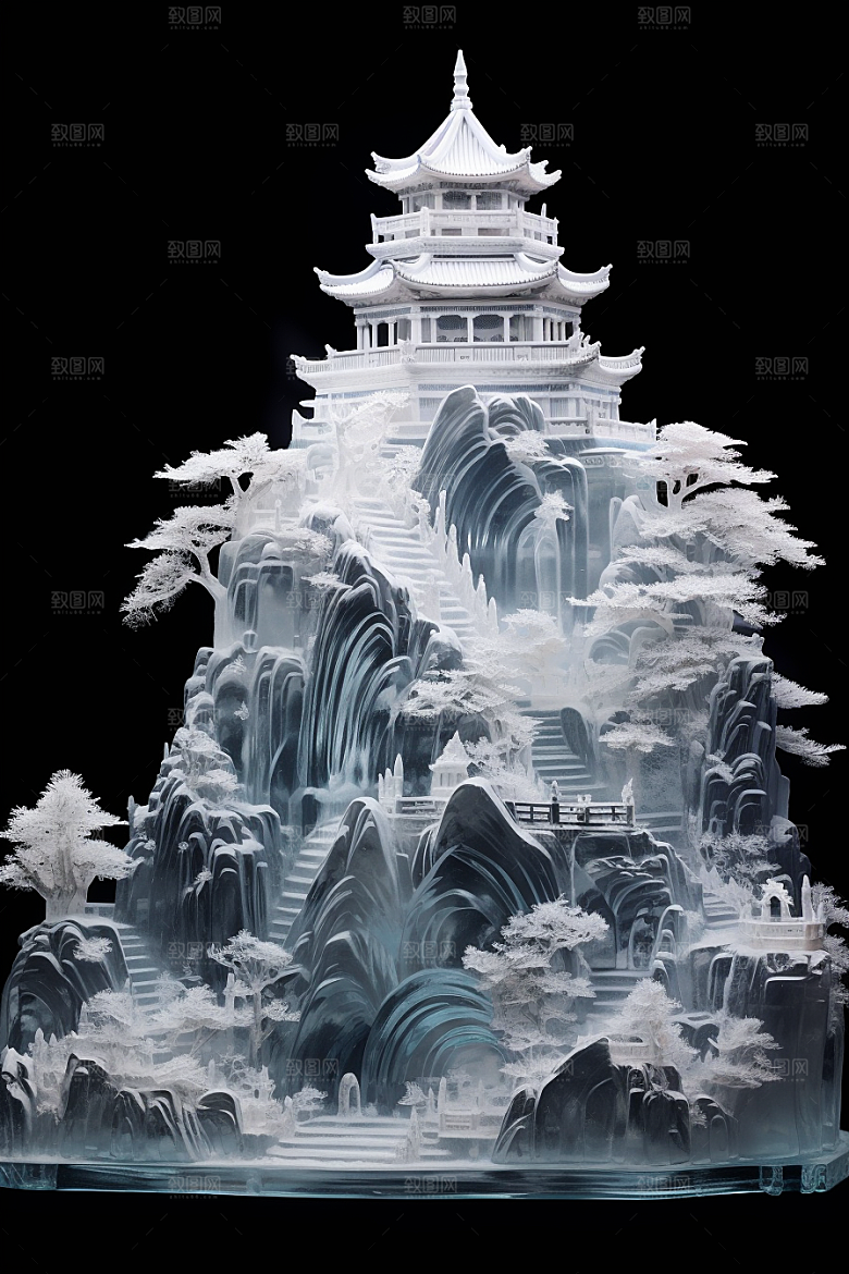 中国风冰雕透明唯美渲染图