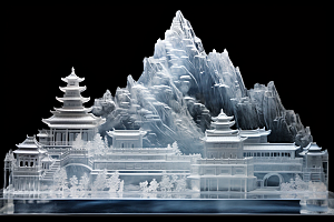 中国风冰雕雕塑模型渲染图