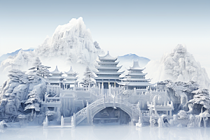 中国风冰雕雕塑模型渲染图