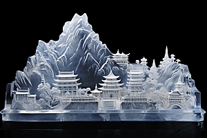 中国风冰雕唯美山水楼阁渲染图