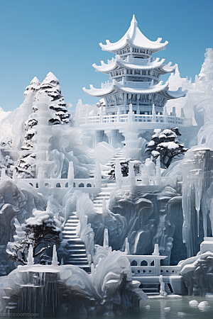 中国风冰雕晶莹剔透唯美渲染图
