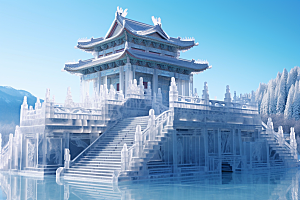 中国风冰雕冰雪艺术模型渲染图