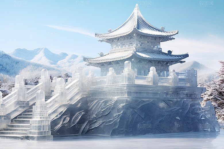 中国风冰雕透明冰雪艺术渲染图