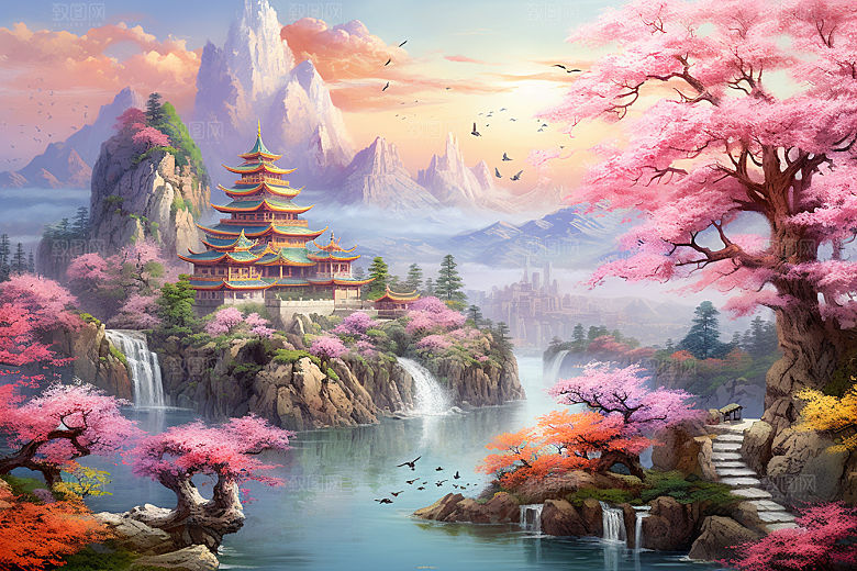 中国风山水自然艺术山河刺绣