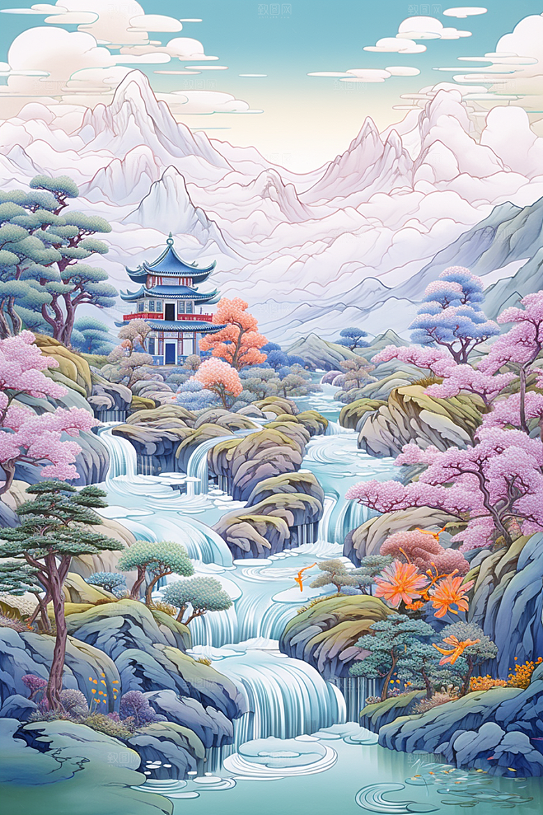 中国风山水自然技艺风光刺绣