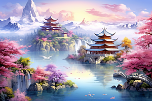 中国风山水自然技艺景色刺绣