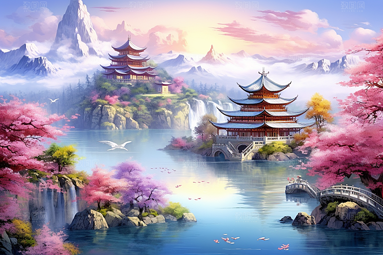 中国风山水自然技艺景色刺绣