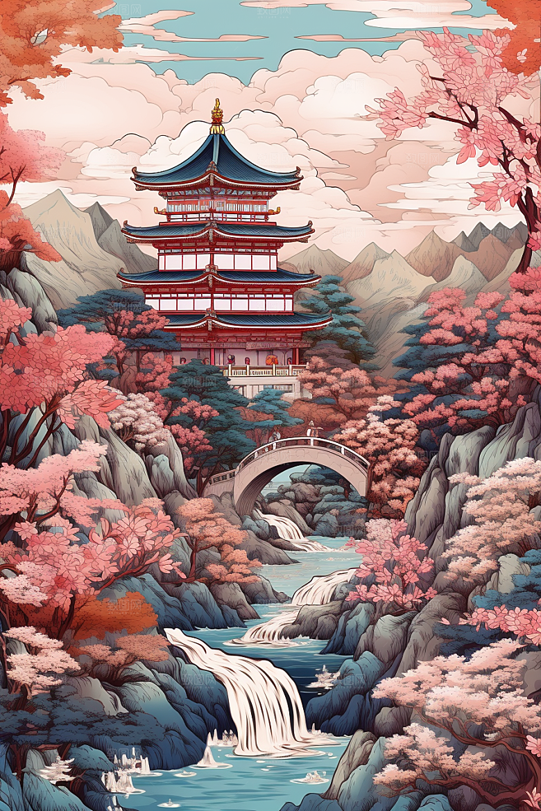 中国风山水自然风光精致刺绣