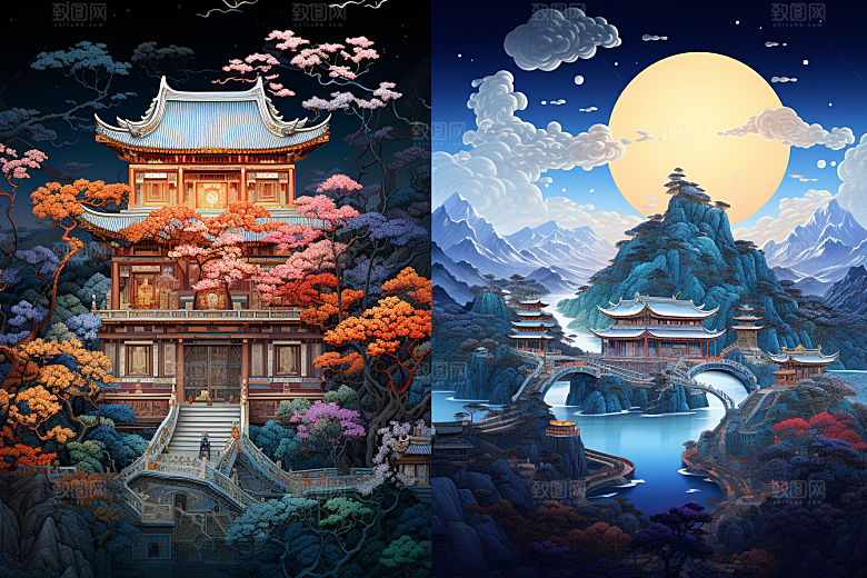 中国风山水自然风光高清刺绣