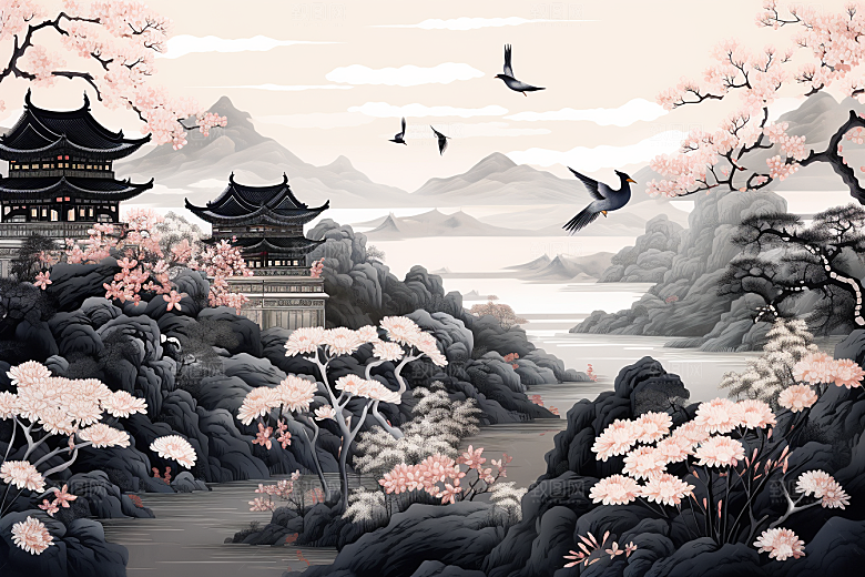 中国风山水自然景色山河刺绣