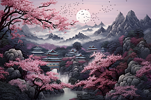 中国风山水自然技艺景色刺绣