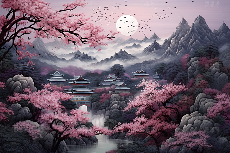 中国风山水自然技艺景色刺绣