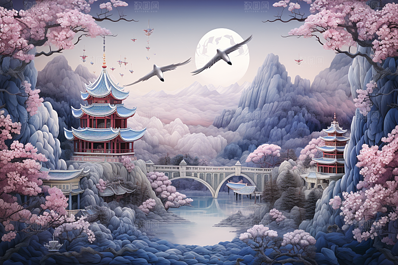中国风山水自然艺术景色刺绣