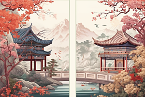中国风山水自然山河艺术刺绣