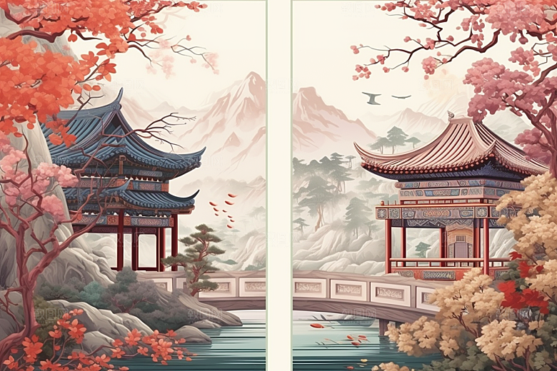 中国风山水自然山河艺术刺绣