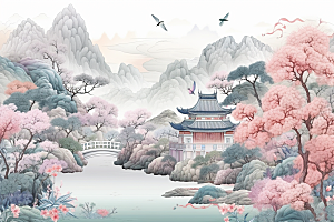 中国风山水自然风物传统文化刺绣