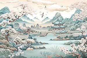 中国风山水自然景色高清刺绣