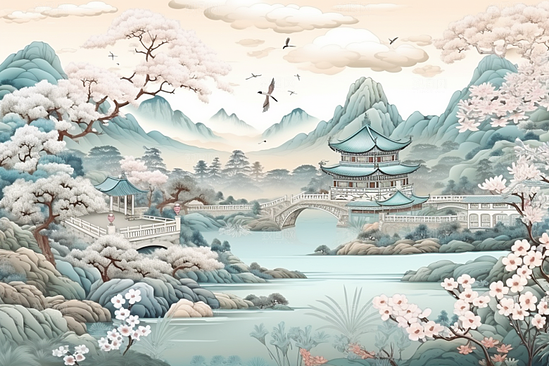 中国风山水自然景色高清刺绣