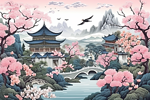 中国风山水自然技艺精致刺绣
