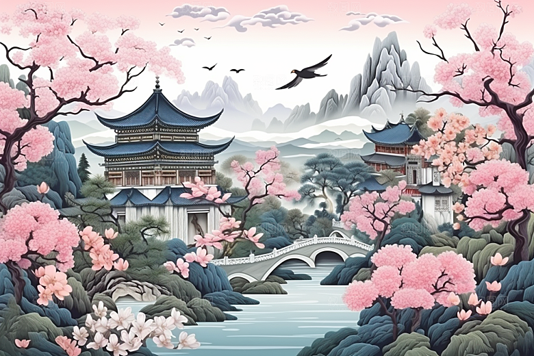 中国风山水自然技艺精致刺绣