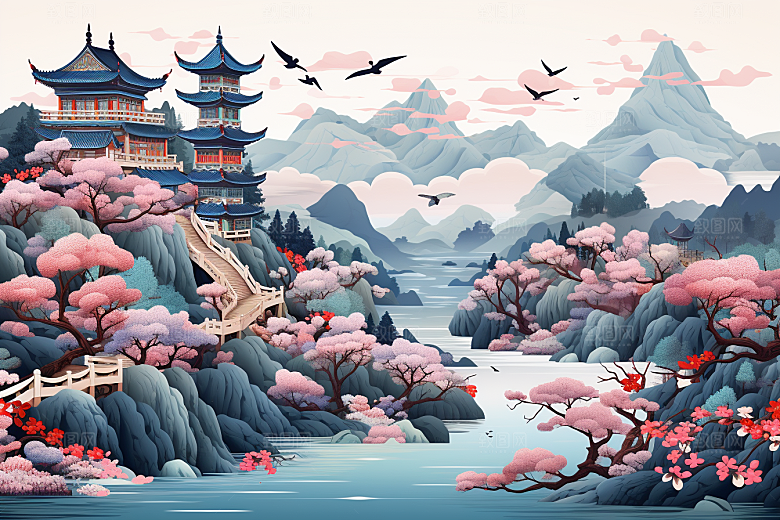 中国风山水自然风光山河刺绣