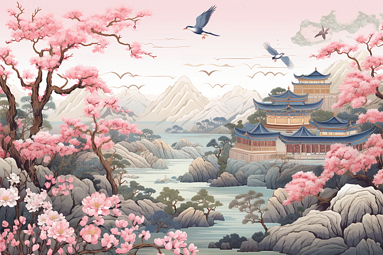 中国风山水自然风光景色刺绣