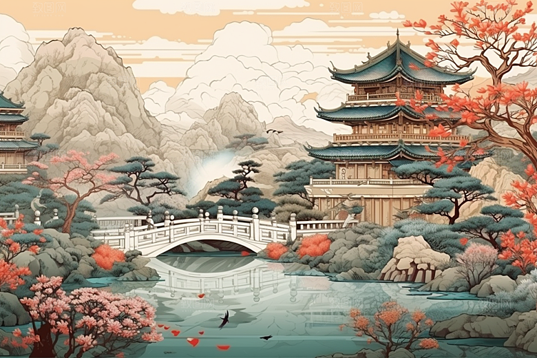 中国风山水自然山河风物刺绣