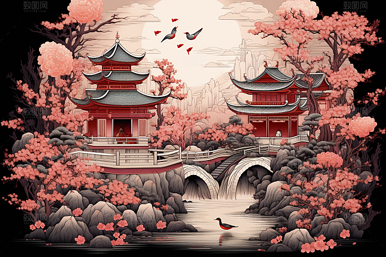 中国风山水自然传统文化精致刺绣