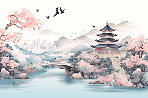 中国风山水自然景色风物刺绣