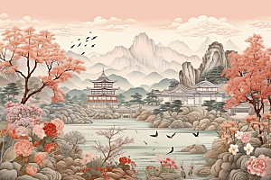 中国风山水自然传统文化山河刺绣