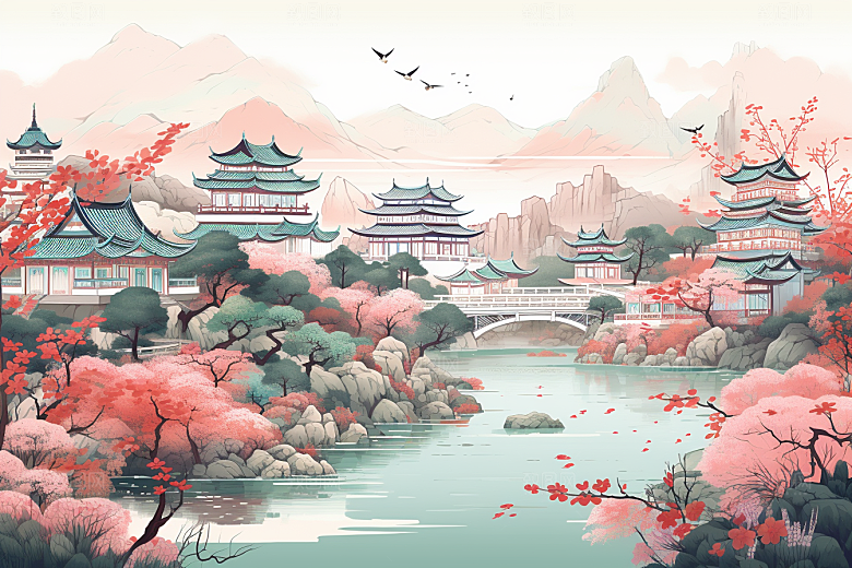 中国风山水自然山河风物刺绣