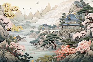 中国风山水自然传统文化国潮刺绣