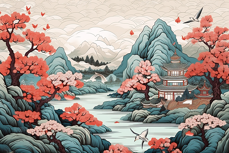 中国风山水自然风物山河刺绣