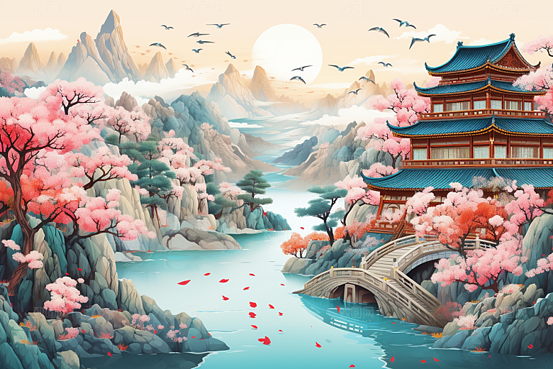 中国风山水自然风光精致刺绣