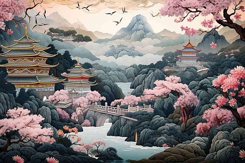 中国风山水自然国潮山河刺绣