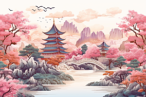 中国风山水自然景色艺术刺绣