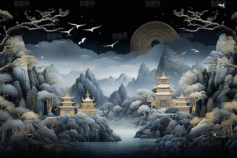 中国风山水自然艺术风物刺绣