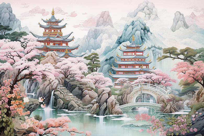 中国风山水自然国潮风物刺绣